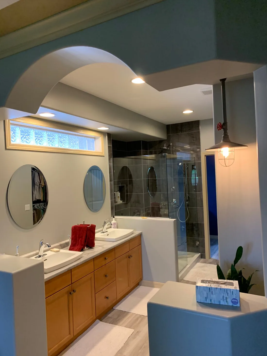 Finished bathroom vanity and tiled shower as part of Northern Sky renovation work